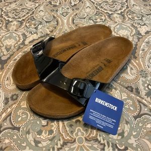 NWT Birkenstock Madrid Birko Flor Patent Black Women’s Sz 38 US 7-7.5 N